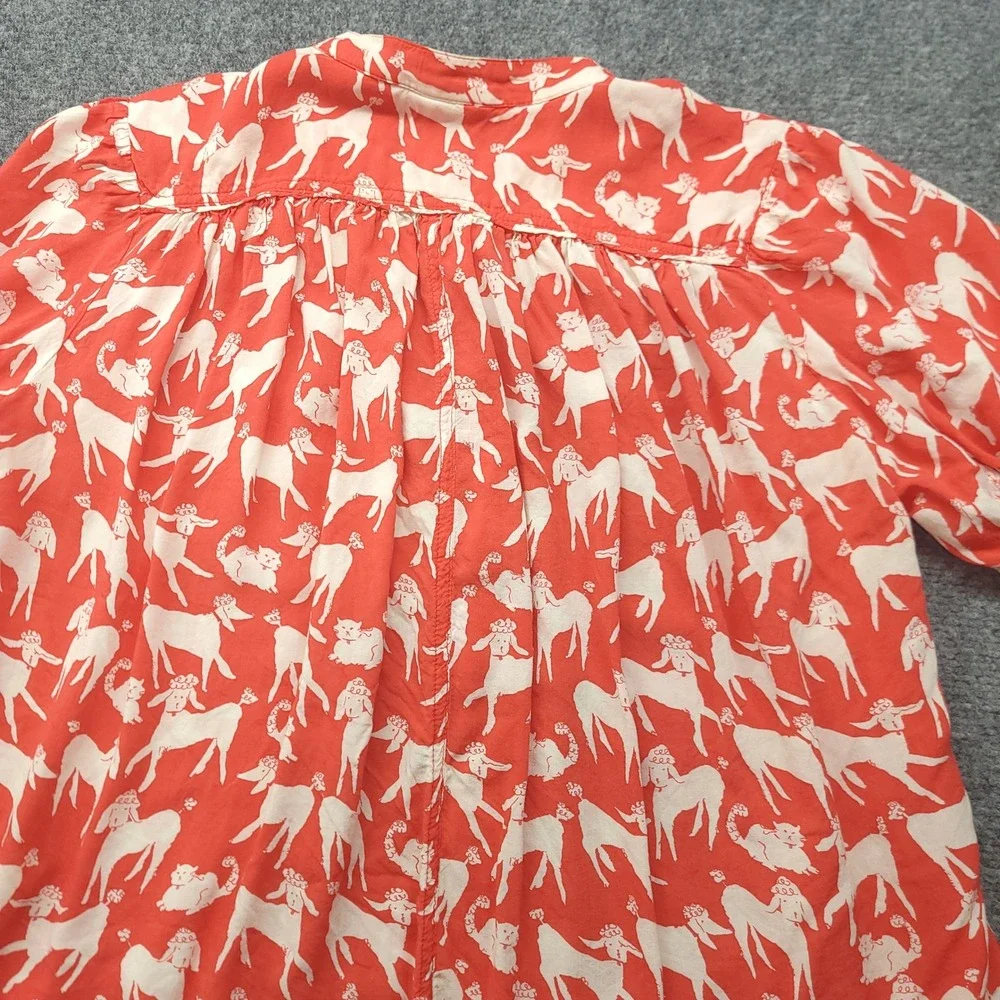 Anthropologie Emily Isabella Poodle Print Blouse Red White Short Sleeve M